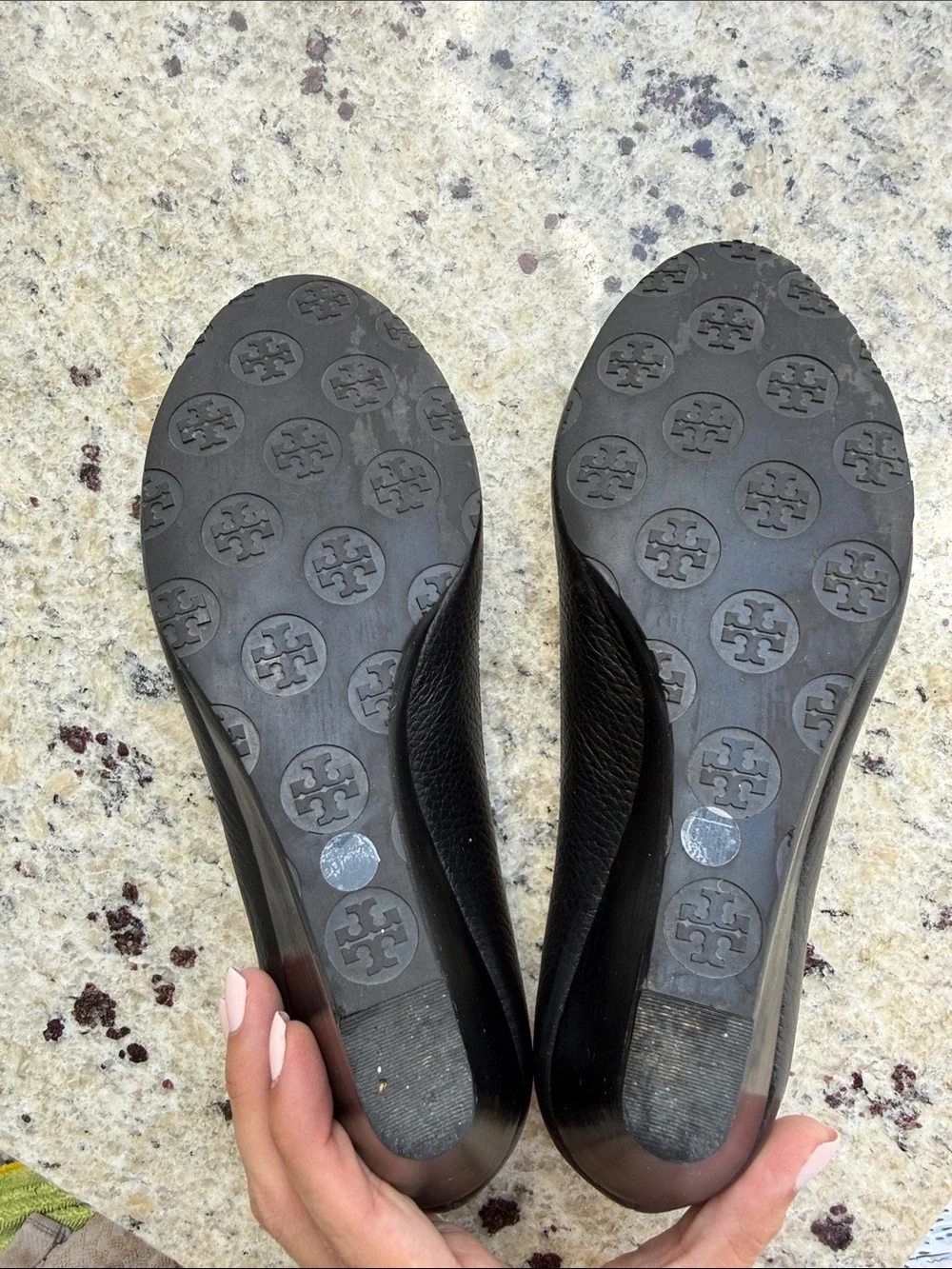 Tory Burch Black Leather Peep-Toe Heels with Gold Logo